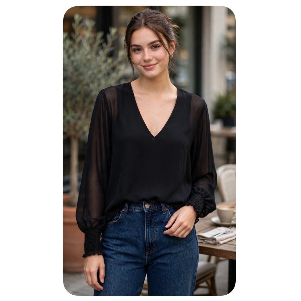 Show Me Your Mumu Black V-Neck Sheer Long Sleeve Smocked Cuff Blouse Small